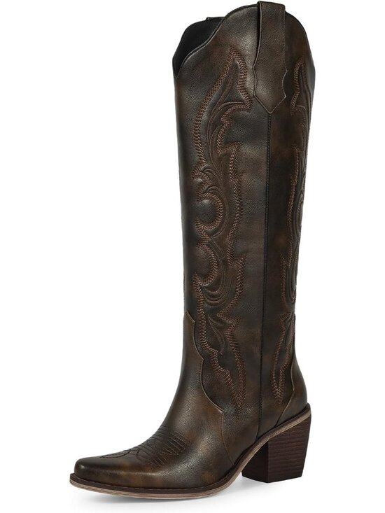 Shoes - Women Vintage Brown Faux Leather Cuban Heel Pointed Toe Cowgirl Western Boots